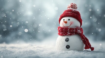 Fototapeta premium christmas snowman with a red hat and scarf standing in winter snowfall landscape new year holiday decoration for greeting card and banner