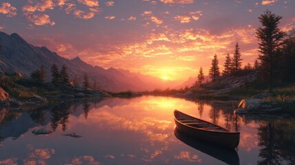 serene sunset scene with a canoe on a calm river