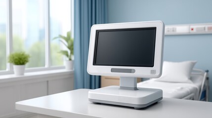 Fototapeta premium Business Modern hospital room with a digital monitor on a table, sunlight streaming through large windows.
