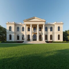 Grand neoclassical mansion with manicured lawn and clear blue sky