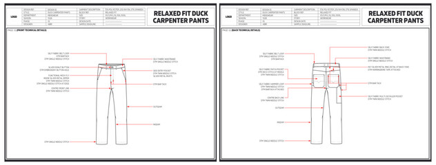 Utility Work Pants – Front and Back View Technical Sketch with Tool Loop and Patch Pocket Detailing