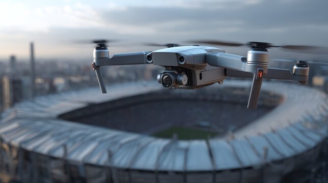 a drone over a football stadium with a camera an unmanned aerial vehicle flying in the air