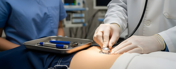 Medical Professionals Conducting Patient Examination with Stethoscope and Surgical Tools in a Modern Clinic Environment