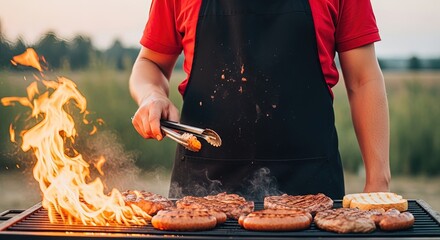 Person using tongs to turn burgers and sausages on a grill