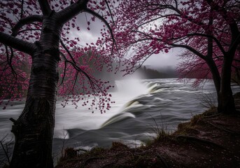 Dramatic river waterfall with vibrant pink cherry blossoms on a moody overcast day