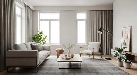 Fototapeta premium Bright and spacious contemporary living room with minimalist furniture and plenty of natural light