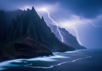 Epic coastal mountain range with lightning strikes during a fierce tropical thunderstorm