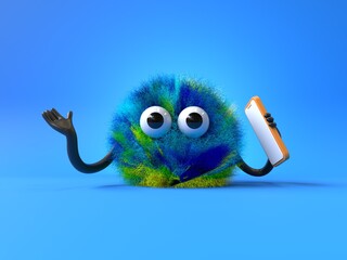 Fluffy, cute monster with a phone, symbolizes tech-savvy assistance. 3D rendering, conceptual image. Isolated on white background.