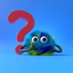 Fluffy, cute monster beside a question mark, symbolizing inquiry or curiosity. 3D rendering, conceptual image. Isolated on white background.