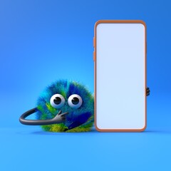 Fluffy, cute monster with a smartphone, symbolizing modern communication. 3D rendering, conceptual image. Isolated on white background.