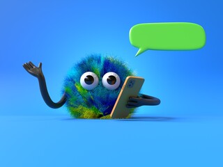 Fluffy, cute monster with phone and speech bubble, symbolizes customer service. 3D rendering, conceptual image. Isolated on white background.