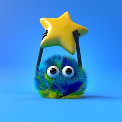 Fluffy, cute monster holding a star, symbolizing achievement or rating. 3D rendering, conceptual image. Isolated on white background.