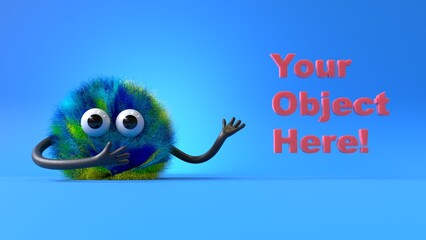 Fluffy, cute monster presents a space for 