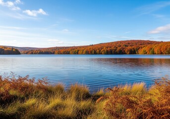 Fototapeta premium Scenic autumn landscape with a tranquil lake reflecting colorful trees and blue sky