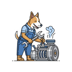 Dog mechanic fixing engine with wrench and overalls working hard.