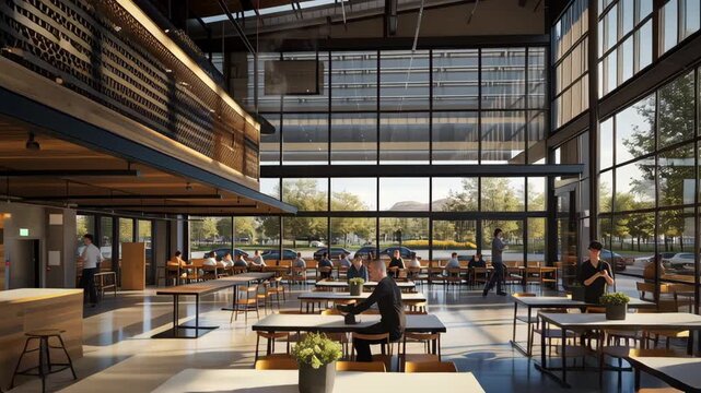 A large open space with tables and chairs. There are several people in the room. The tables are made of wood. a sleek modern commercial building with a mix of steel and concrete