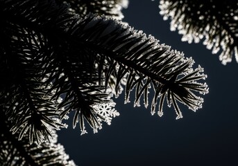 Backlit frost kissed spruce needles with a delicate snowflake against a dark winter sky
