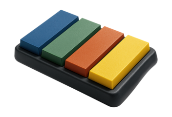 Handheld lapping block set with color-coded surfaces for accurate tool sharpening.