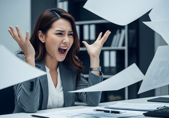 Overwhelmed Businesswoman Shouting in Stress with Papers Flying: Work Burnout, Deadline Pressure, and Failure