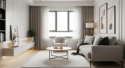 Fototapeta premium Modern minimalist living room interior with contemporary furniture and natural light creating a serene home ambiance