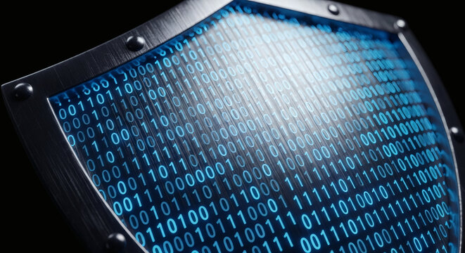 Cybersecurity concept of a digital shield made of binary code, representing data protection and network security