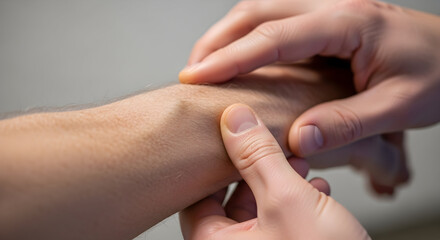 Close Up Image of a Medical Professional Examining a Patient's Pulse on Their Arm in a Clinical Setting