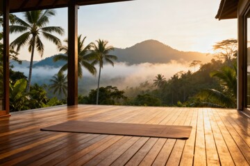 Tranquil yoga space with a wooden deck overlooking misty mountains and palm trees at sunrise.