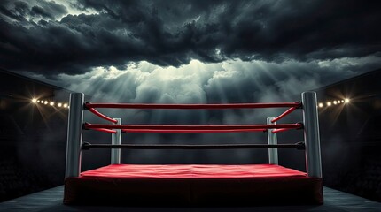 Boxing Ring with Red Mat Under Dark Cloudy Sky Creating Dramatic Atmosphere