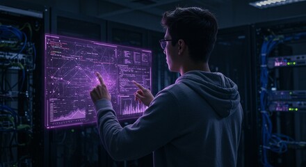 Young IT specialist using hologram display in a server room, managing network processes.