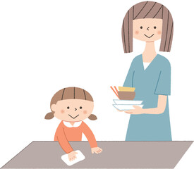 食後の片付けをする親子
