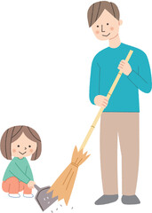 箒で掃除をする親子