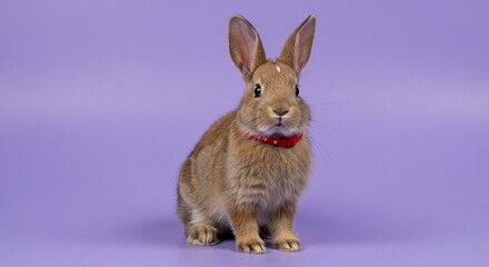 Obraz premium Adorable bunny with big ears and a red collar poses against a solid purple backdrop.