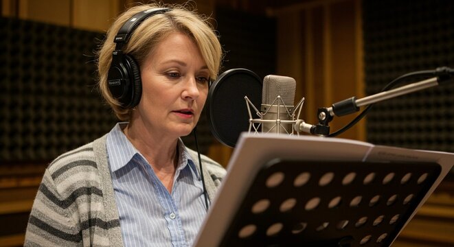Woman with headphones recording voiceover in a studio. Professional sound booth setting.