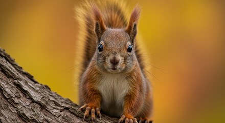 A curious squirrel poses on a tree branch, framed against a vibrant, colorful background.