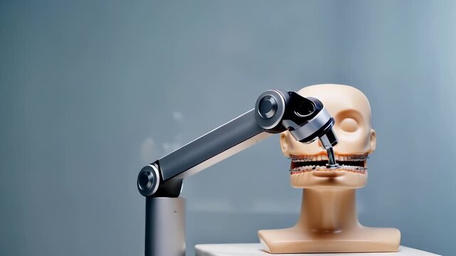  Robotic Arm Performing Dental Procedure on Mannequin Head
