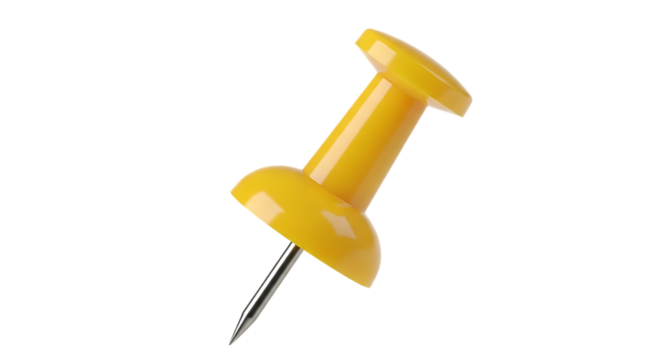 bright yellow plastic pushpin with sharp metal point angled on a plain background, cutout, PNG isolated on white or transparent background