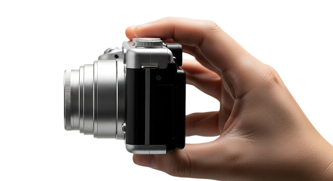 hand holding a silver digital camera with a textured lens and silver top dial, cutout, PNG isolated on white or transparent background - Powered by Adobe