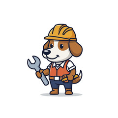 Cute cartoon dog construction worker holding a wrench.