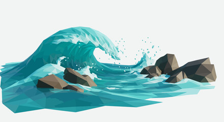 Low Poly Wave Crashing on Rocks Illustration.