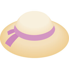 A simple flat design of a light yellow wide brim sun hat with a purple ribbon accent isolated on a transparent background, perfect for summer fashion and outdoor activities