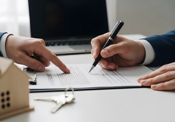 Client Signing Real Estate Contract with Agent Hand Pointing to Signature Line on White Desk