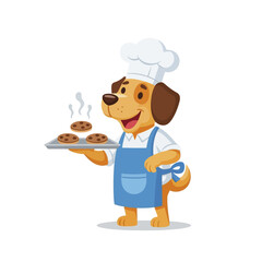 Happy cartoon dog chef character holding a tray of fresh cookies.