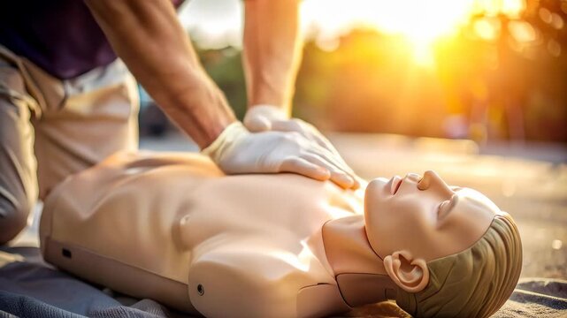 CPR Training Session - Learning Lifesaving Techniques with a Mannequin Outdoors.