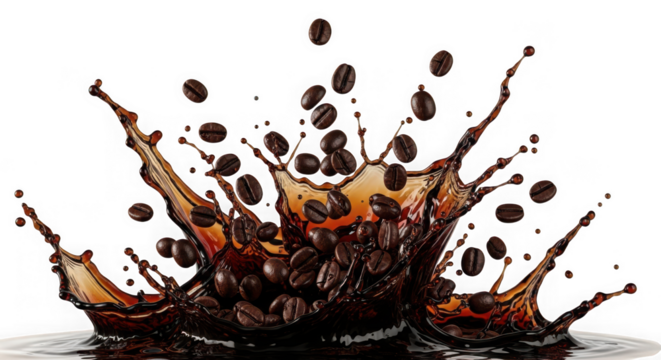 Coffee bean splash isolated on transparent background, a caffeinated beverage