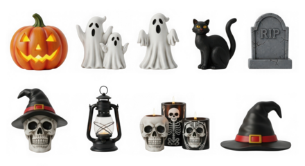 Halloween decorations isolated on transparent background featuring pumpkin and ghosts