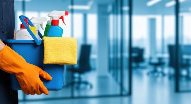Professional cleaner with cleaning supplies in modern office setting
