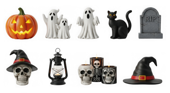 Halloween decorations isolated on transparent background featuring pumpkin and ghosts