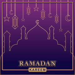 Lettering, Illustration Ramadan Kareem with Golden Mosque Silhouette and Stars On A Purple Gradient, Vector Calligraphy Design, Usable for Poster, Banners, Postcards, Wallpaper, Gifts etc.