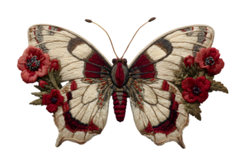 Ornate butterfly adorned with deep red poppies against a dark background
