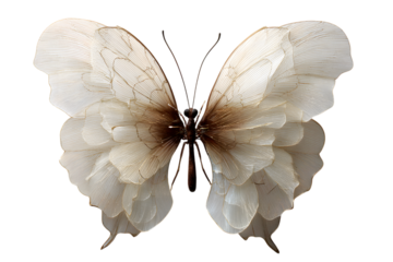Delicate white butterfly wings with brown center on black background